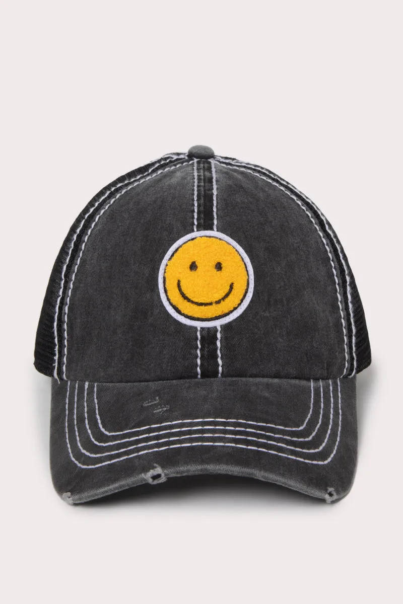 FWCAPM7222 - Chenille Smiley Patch Mesh Back Baseball