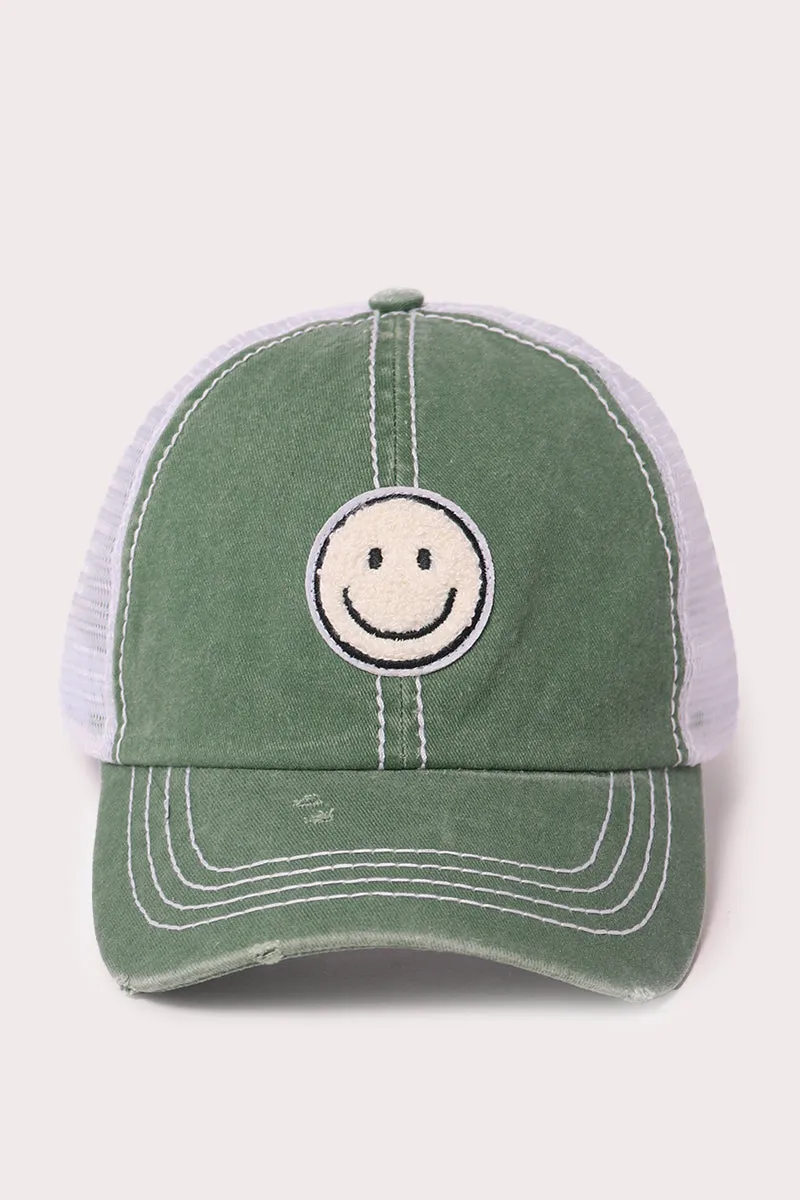 FWCAPM7222 - Chenille Smiley Patch Mesh Back Baseball