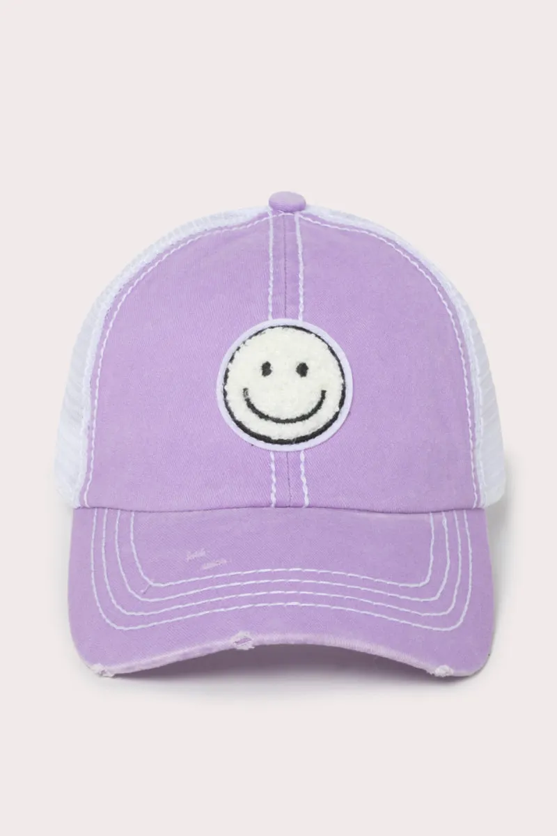 FWCAPM7222 - Chenille Smiley Patch Mesh Back Baseball