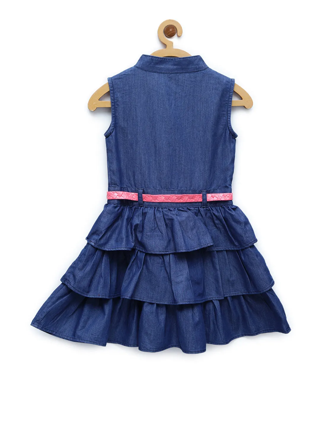 Girl's  Dark Blue Denim Tiered Rose Patch Dress With Belt - StyleStone Kid