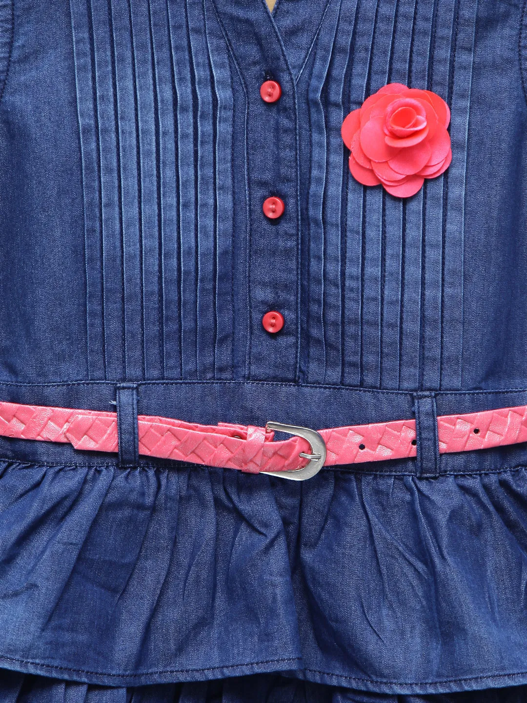 Girl's  Dark Blue Denim Tiered Rose Patch Dress With Belt - StyleStone Kid