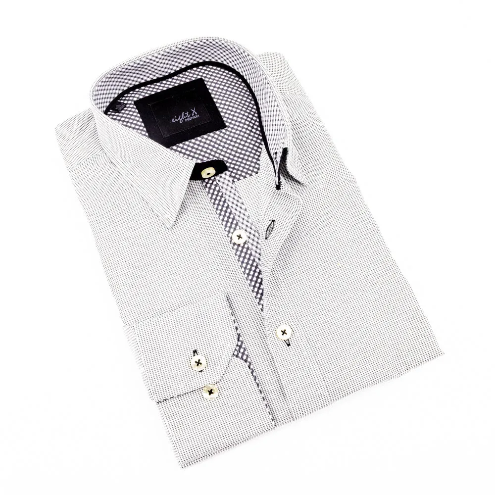 Grey Button Down Jacquard Shirt W/Checkered Trim