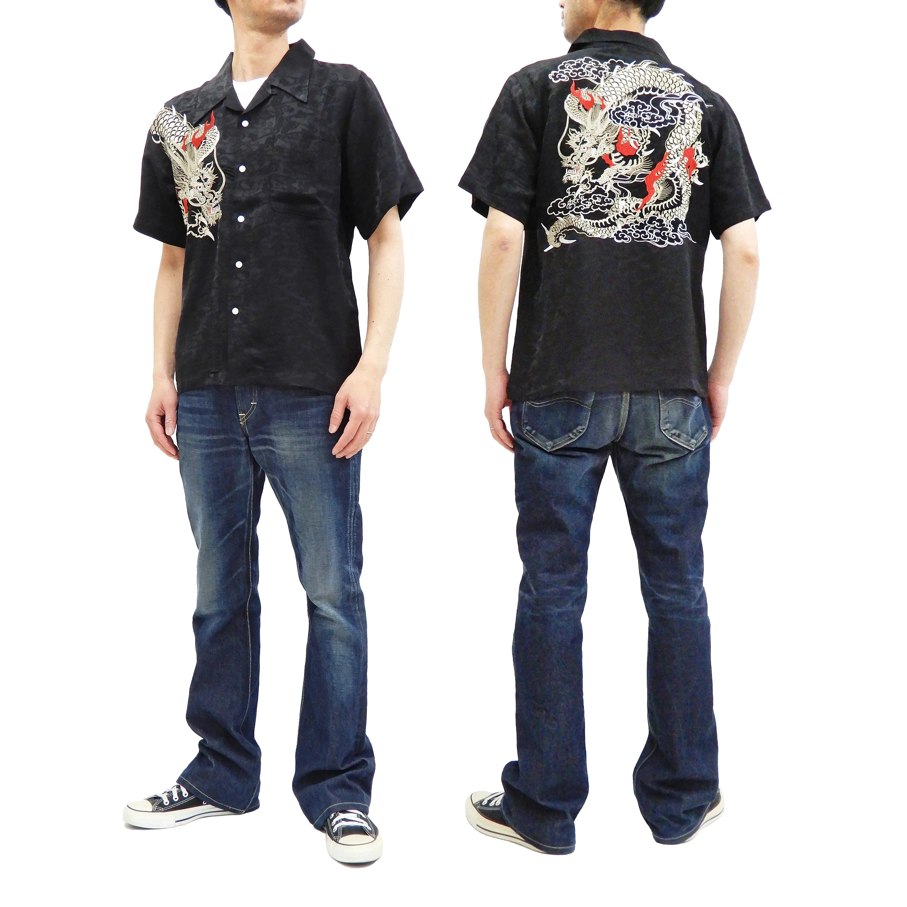 Hanatabi Gakudan Men's S/S Jacquard Shirt with Japanese Art Embroidery SS-003 Black