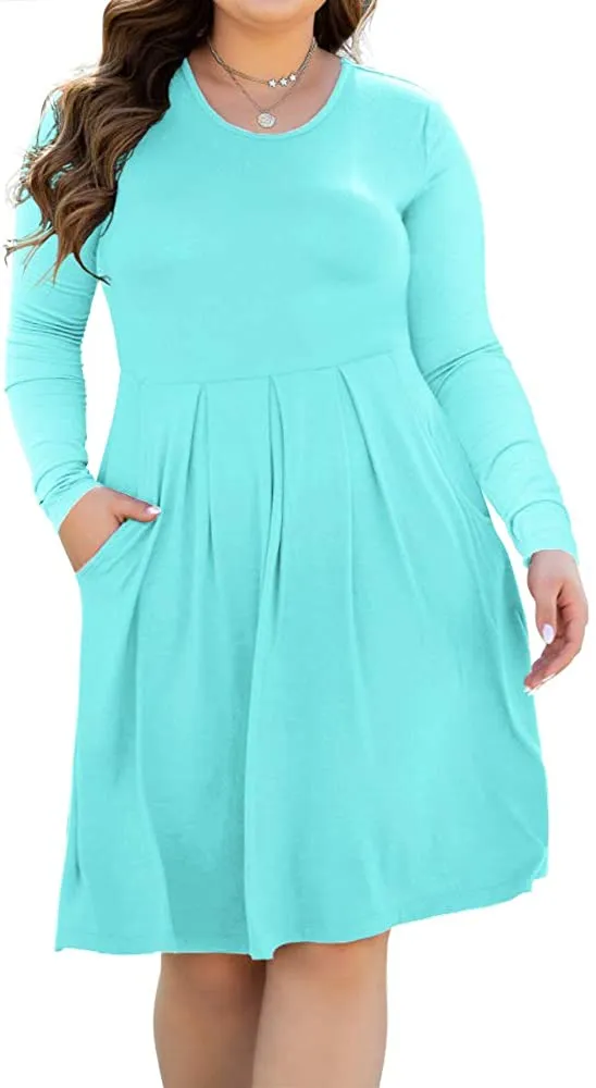 HAOMEILI Women's Plus Size Long Sleeve Dress Casual Pleated Swing Dresses with Pockets