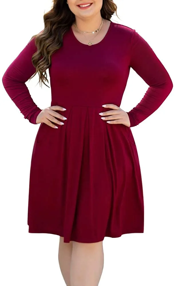 HAOMEILI Women's Plus Size Long Sleeve Dress Casual Pleated Swing Dresses with Pockets