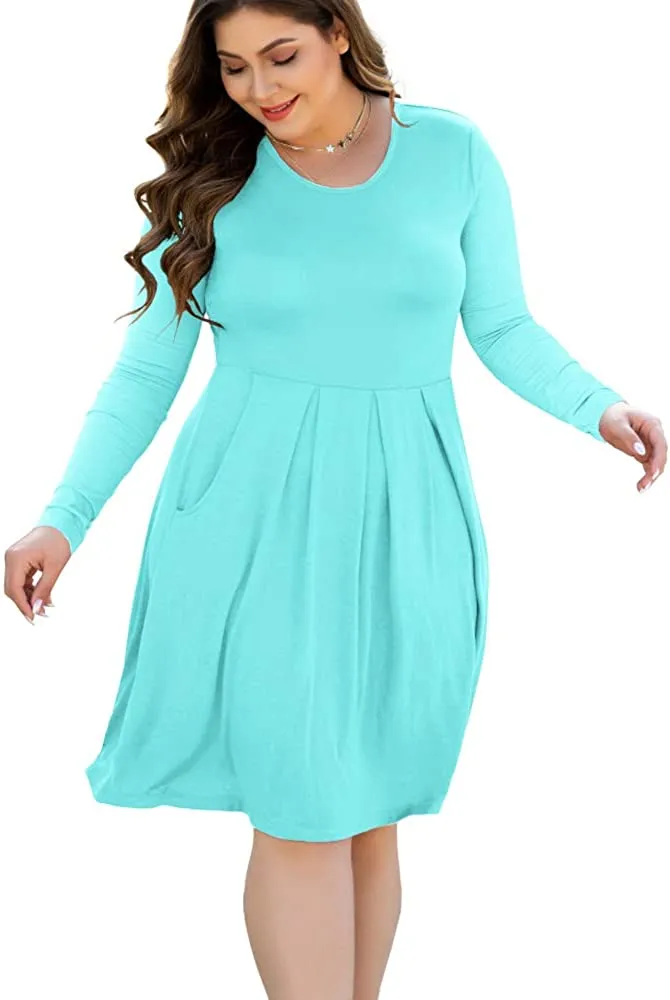 HAOMEILI Women's Plus Size Long Sleeve Dress Casual Pleated Swing Dresses with Pockets