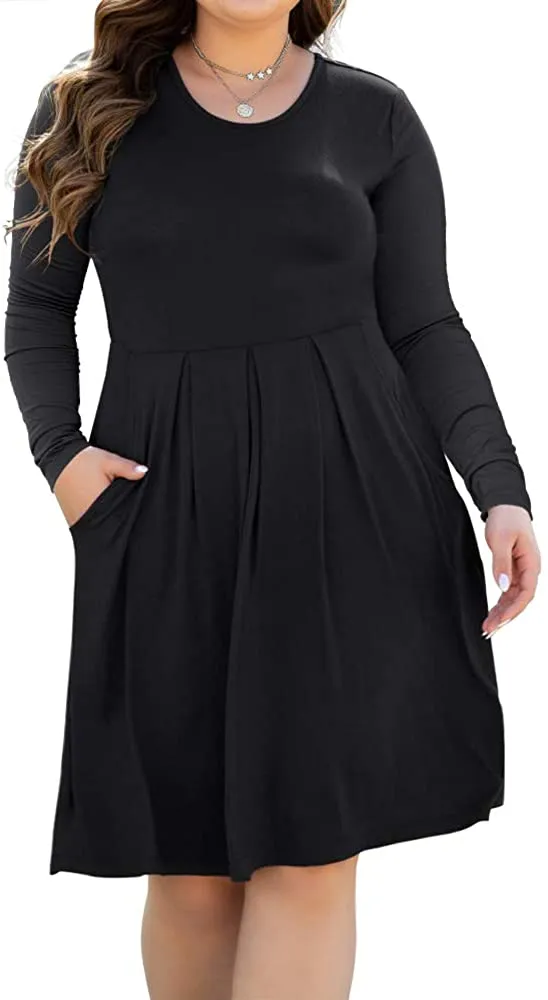 HAOMEILI Women's Plus Size Long Sleeve Dress Casual Pleated Swing Dresses with Pockets