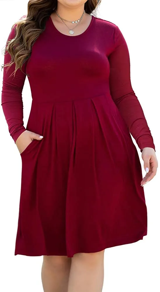 HAOMEILI Women's Plus Size Long Sleeve Dress Casual Pleated Swing Dresses with Pockets