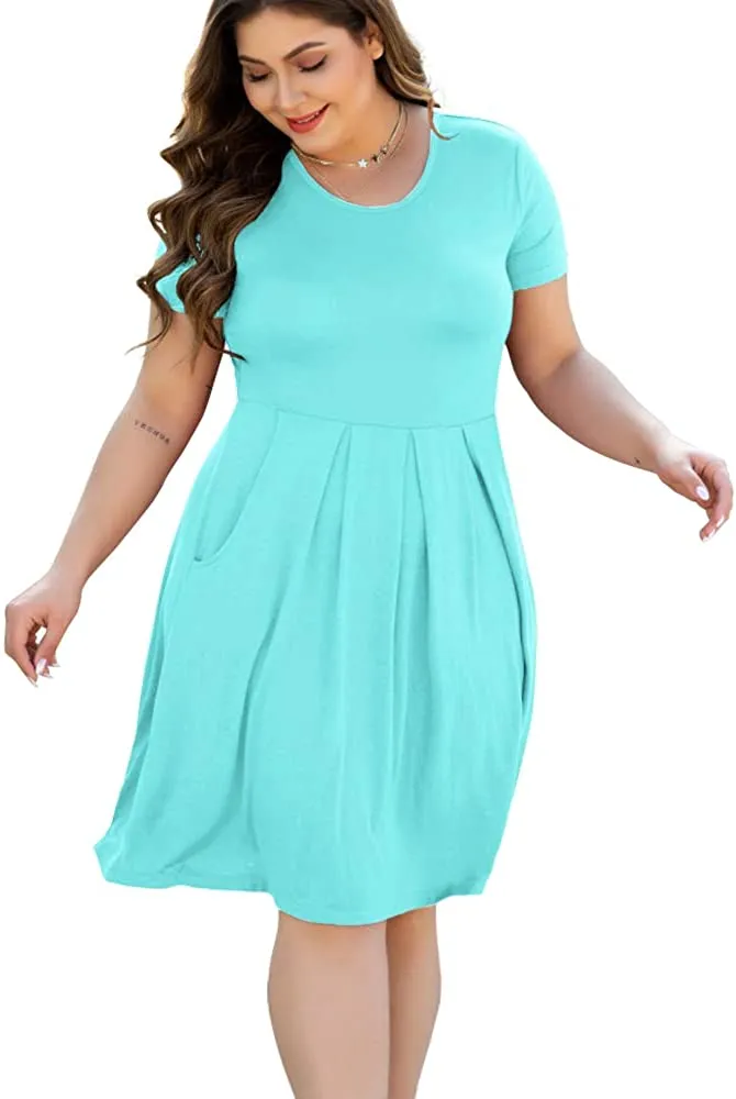 HAOMEILI Women's Plus Size Long Sleeve Dress Casual Pleated Swing Dresses with Pockets