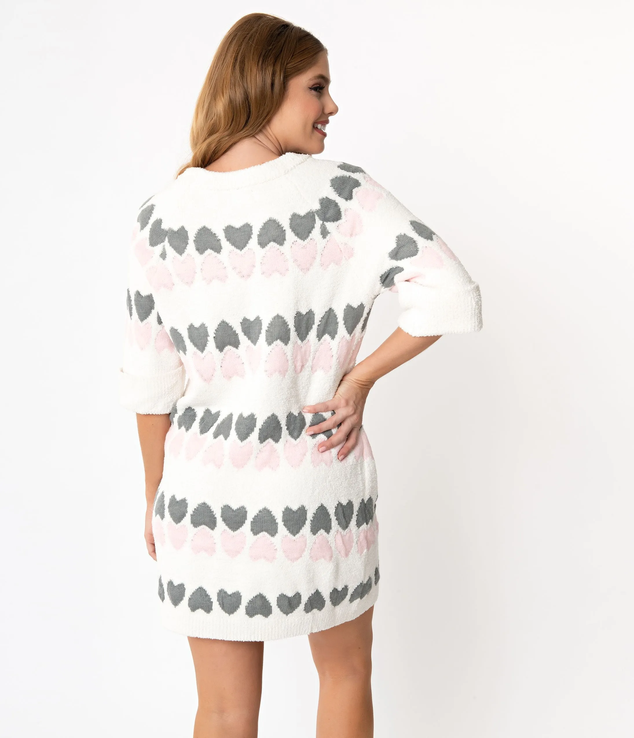 Ivory Knit Pink & Grey Hearts Sweater Dress