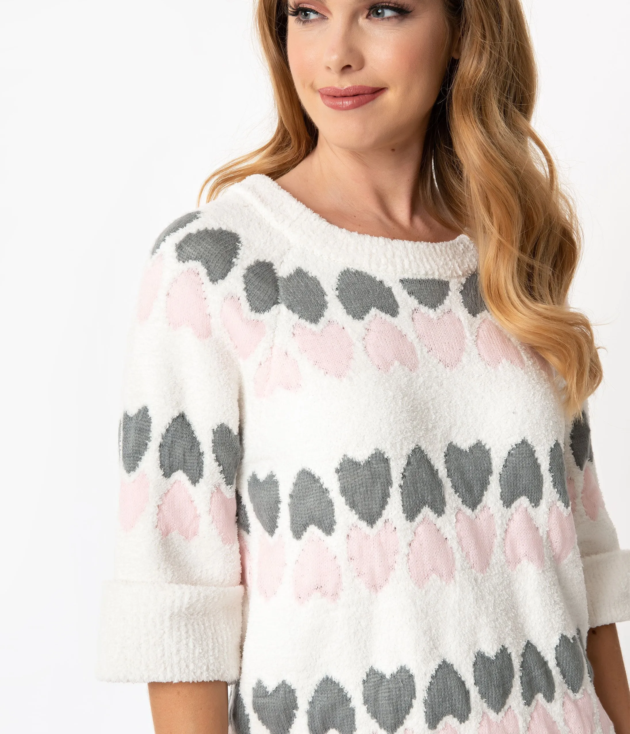 Ivory Knit Pink & Grey Hearts Sweater Dress