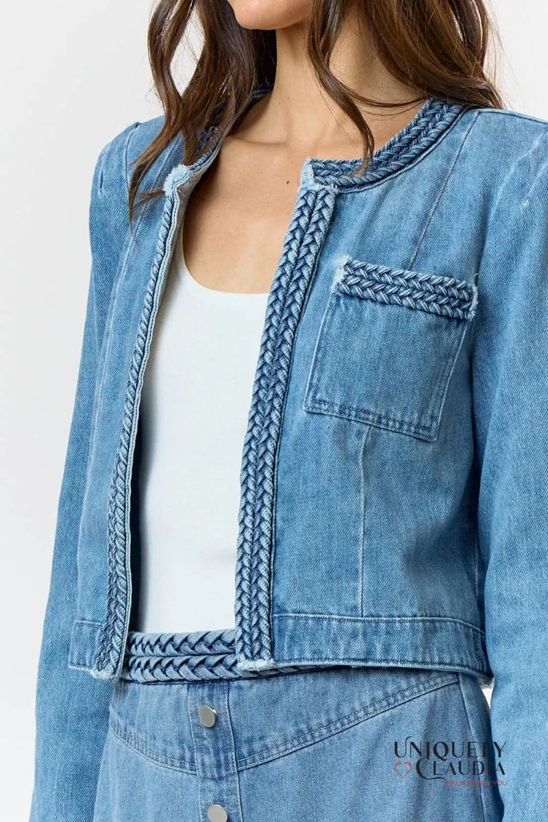 Kendra Braided Open Front Denim Jacket