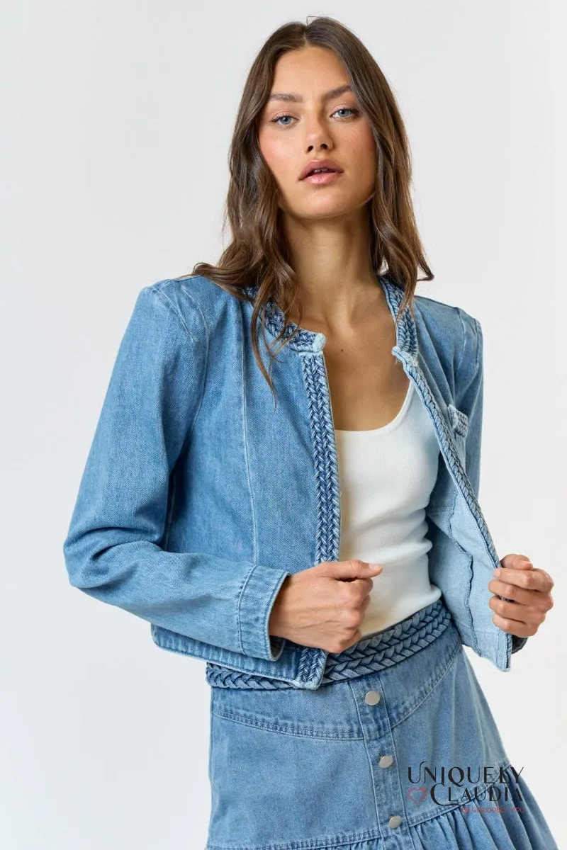 Kendra Braided Open Front Denim Jacket