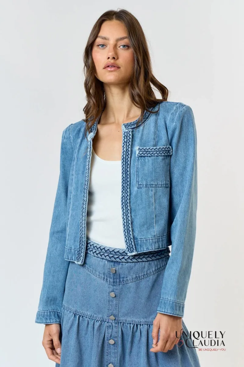 Kendra Braided Open Front Denim Jacket