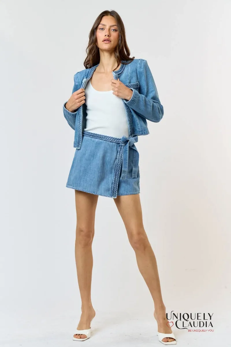 Kendra Braided Open Front Denim Jacket