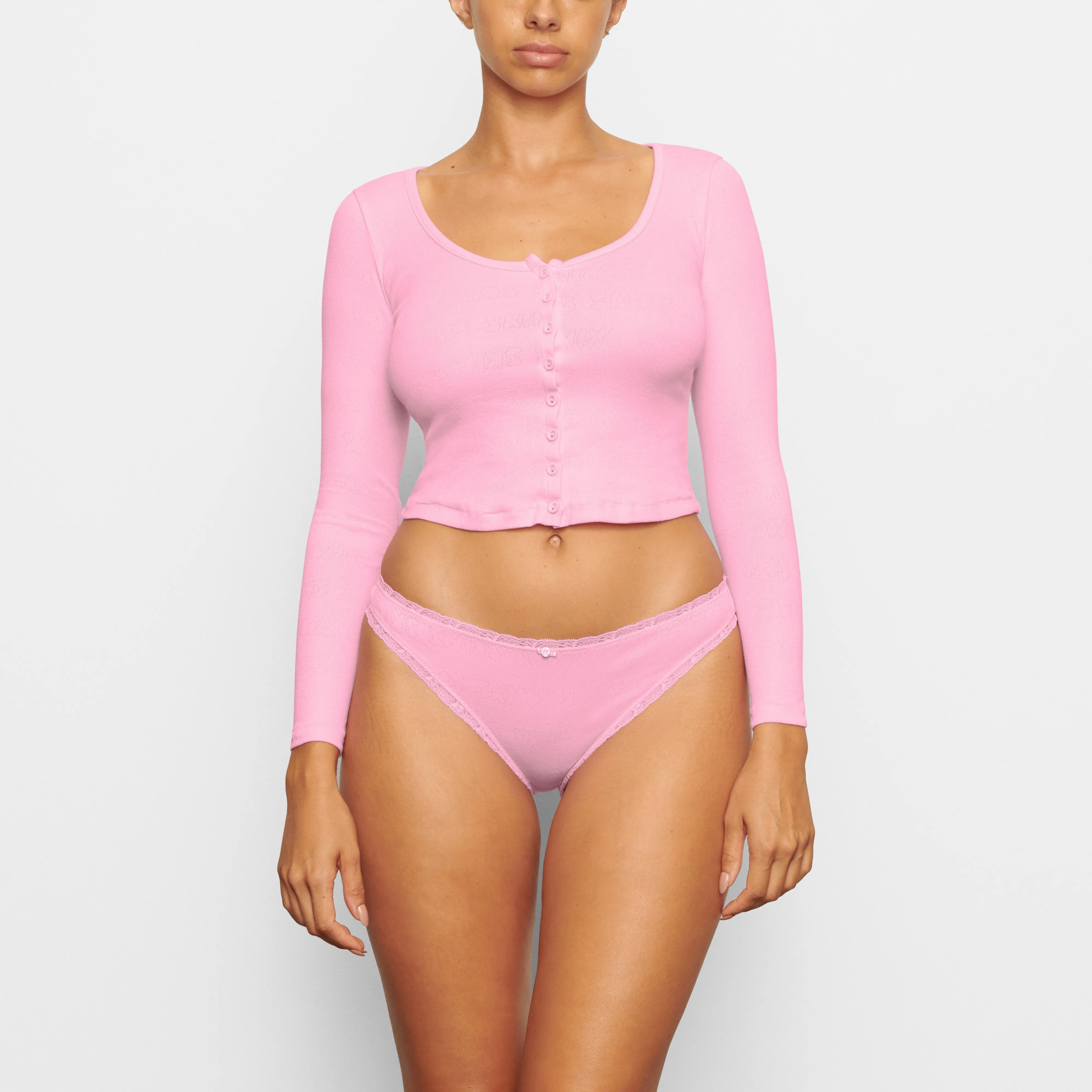 LACE POINTELLE HENLEY TOP | BUBBLE GUM