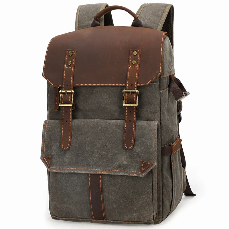 Large Storage SLR Camera Leather Canvas Backpack K001