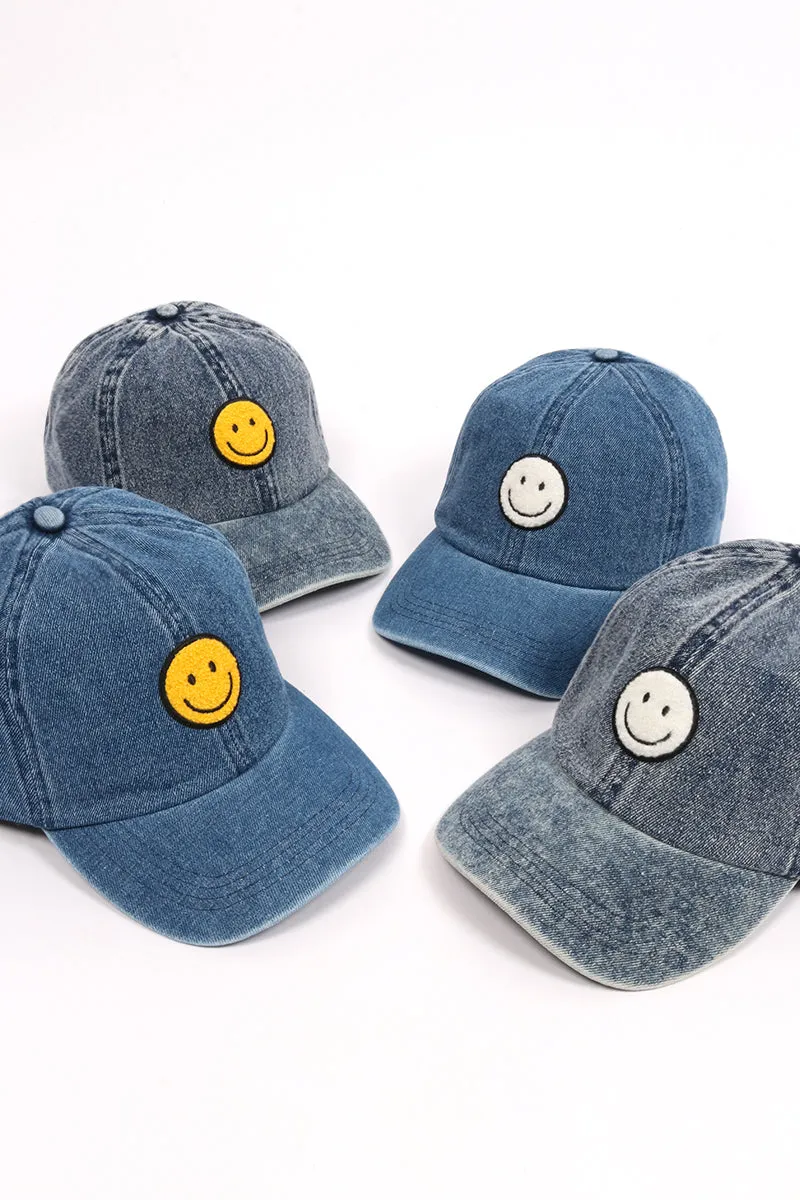 LCAP3028 - Chenille Smile Face Denim Baseball Cap