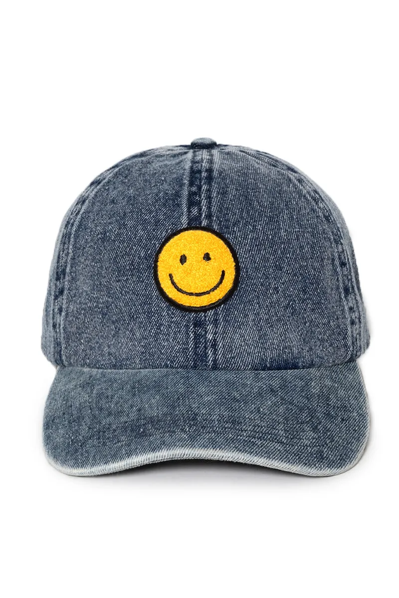 LCAP3028 - Chenille Smile Face Denim Baseball Cap