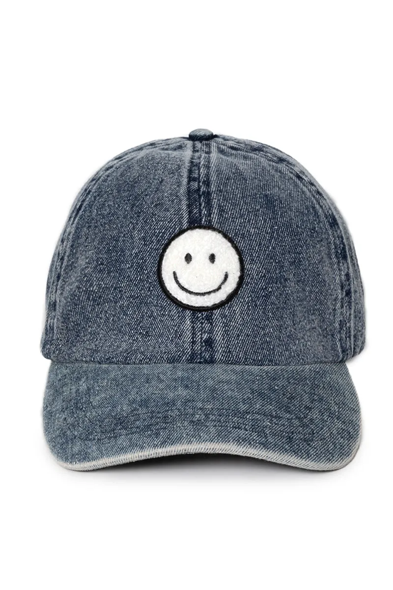 LCAP3028 - Chenille Smile Face Denim Baseball Cap