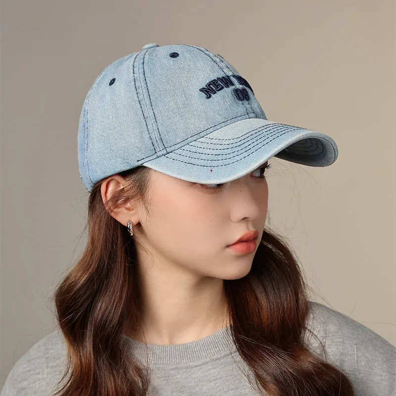 Letter embroidered denim baseball cap for women washed old retro soft top cap for men casual