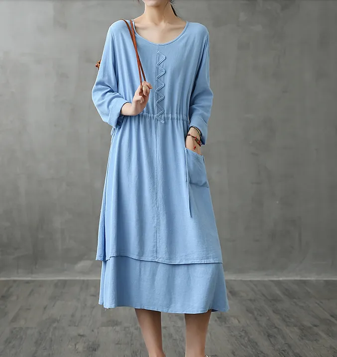 Long Sleeve Autumn Cotton Linen Women Dresses DZA208236