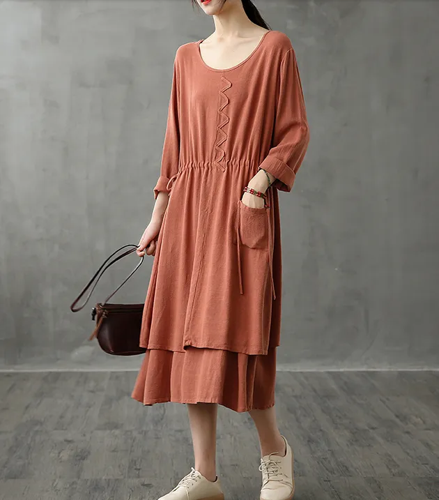 Long Sleeve Autumn Cotton Linen Women Dresses DZA208236