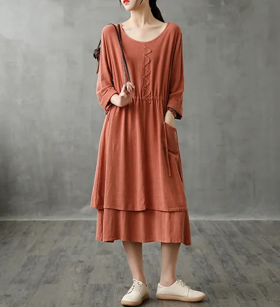 Long Sleeve Autumn Cotton Linen Women Dresses DZA208236