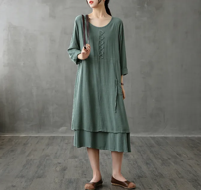 Long Sleeve Autumn Cotton Linen Women Dresses DZA208236