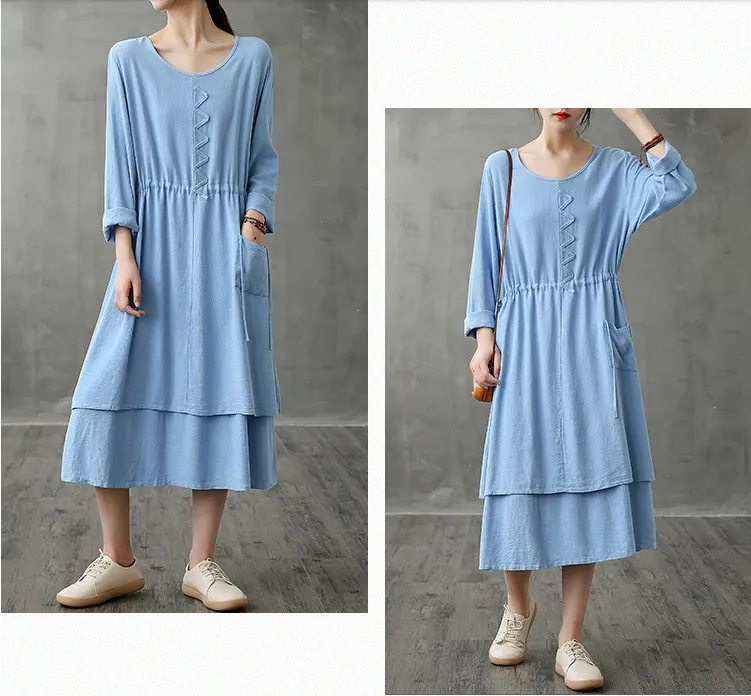 Long Sleeve Autumn Cotton Linen Women Dresses DZA208236