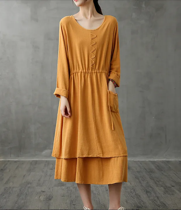 Long Sleeve Autumn Cotton Linen Women Dresses DZA208236