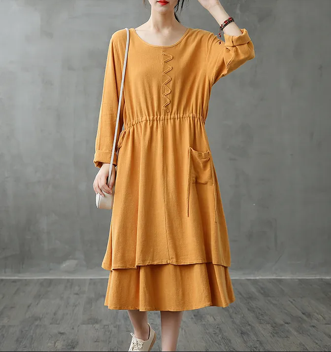 Long Sleeve Autumn Cotton Linen Women Dresses DZA208236