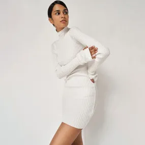 Long Sleeve Tie Side Ruched Turtleneck Sweater Mini Dress - White