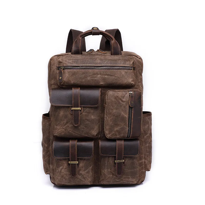 Men's Large Storage Leather Wax Canvas Backpack 5351