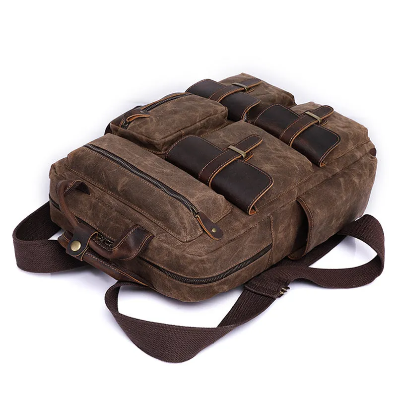 Men's Large Storage Leather Wax Canvas Backpack 5351