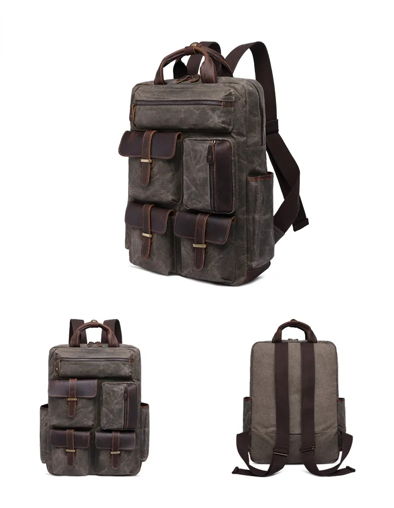 Men's Large Storage Leather Wax Canvas Backpack 5351