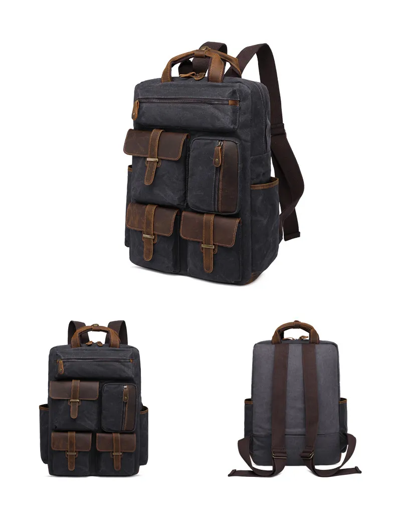 Men's Large Storage Leather Wax Canvas Backpack 5351