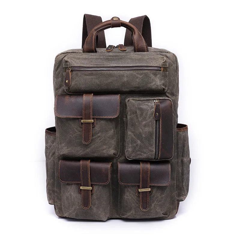 Men's Large Storage Leather Wax Canvas Backpack 5351