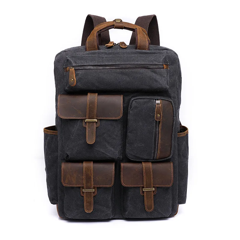 Men's Large Storage Leather Wax Canvas Backpack 5351