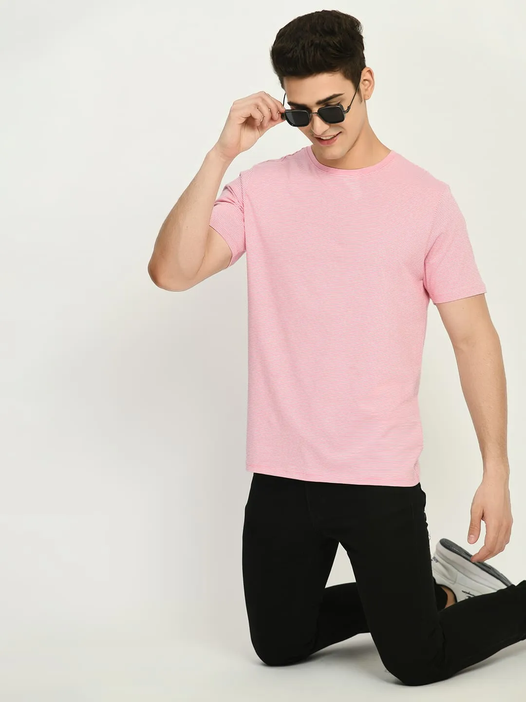 Men's Pink White Striped T-Shirt