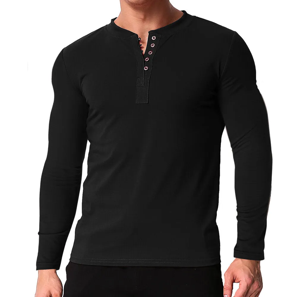 Men's V Neck Long Sleeve Button Tee Casual Slim Fit Comfortable Shirt Camping Hiking Travel