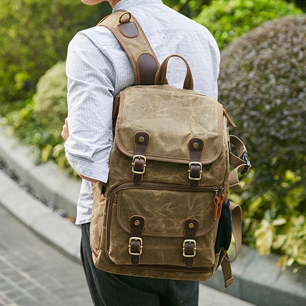 Men's Vintage Explorer Canvas Photographer 'Buckle and Brass' Large Travel Backpack