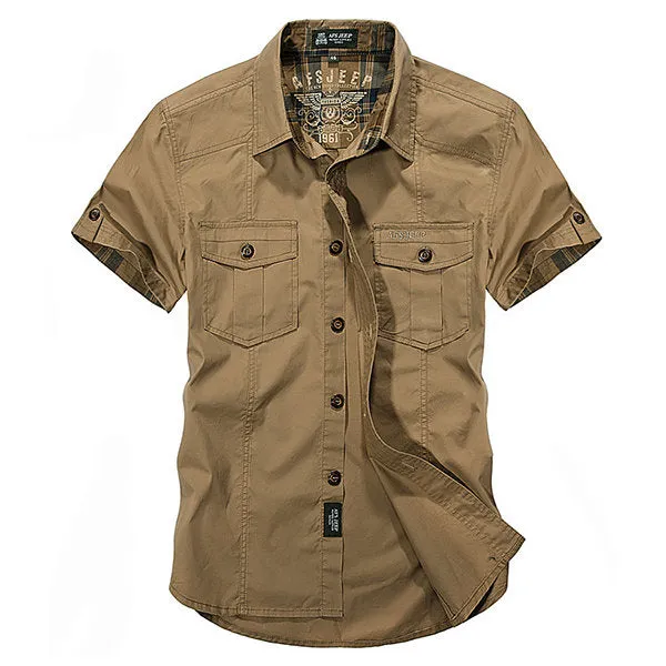 Multi Pockets Cargo Short Sleeve Dress Shirts for Men Outdoor Sport Cotton Breathable