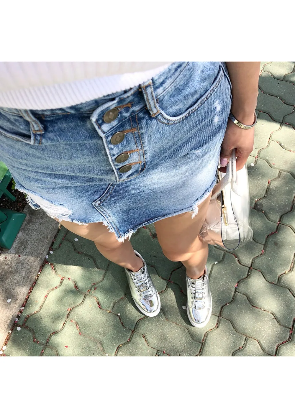 New Denim Skirt Female Sexy Ripper Hole Irregular High Waist