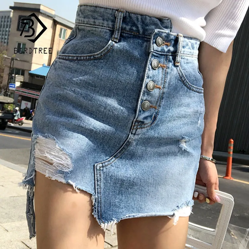 New Denim Skirt Female Sexy Ripper Hole Irregular High Waist