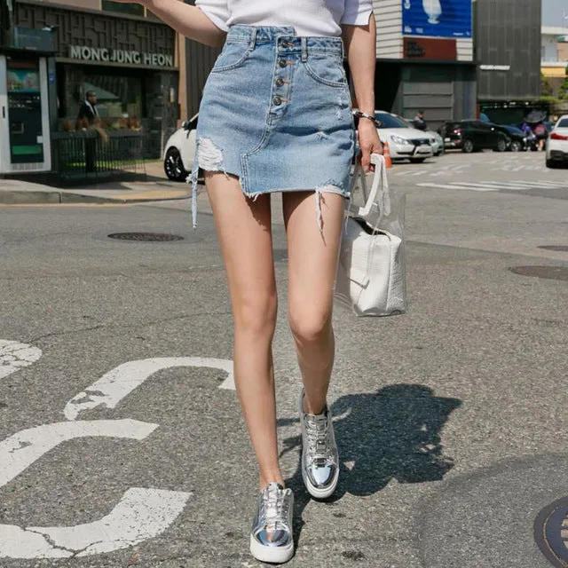 New Denim Skirt Female Sexy Ripper Hole Irregular High Waist