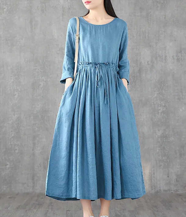 O Neck Long Sleeve Summer Spring Linen Women loose Dresses DZA05241