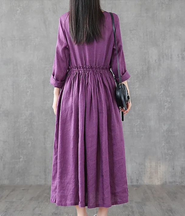 O Neck Long Sleeve Summer Spring Linen Women loose Dresses DZA05241