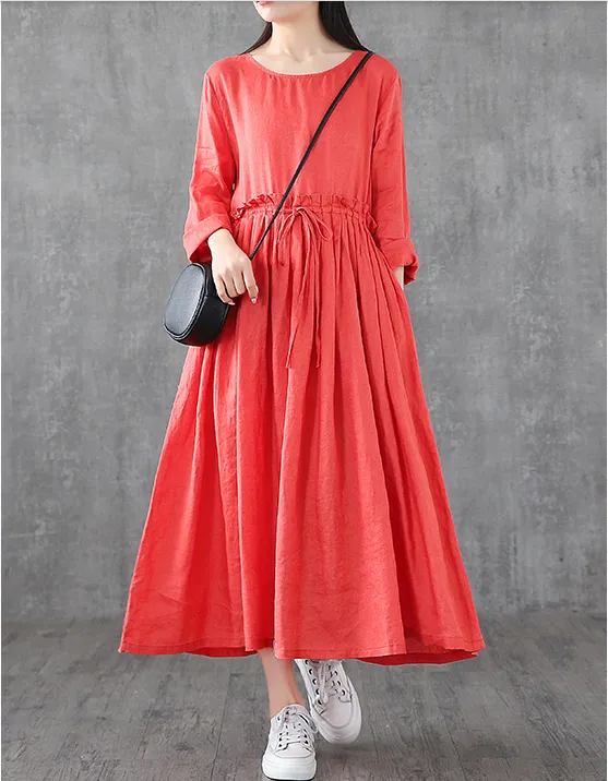 O Neck Long Sleeve Summer Spring Linen Women loose Dresses DZA05241