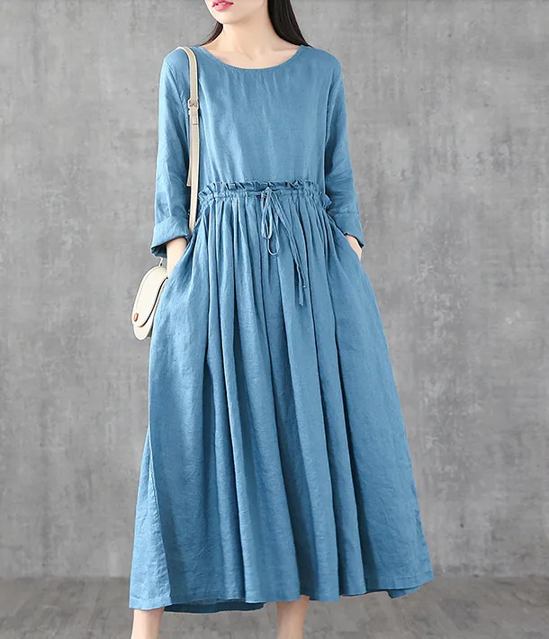 O Neck Long Sleeve Summer Spring Linen Women loose Dresses DZA05241